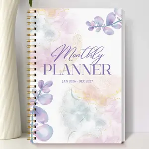 1pc 2026 Jan-2027 Dec Weekly And Monthly Academic Year Planner Calendar Notebook, Spiral Bound Planner, 5.7" X 8", A5 Monthly Planner Notebook with Purple Floral Cover, Personal Organizer, Office & School Supplies