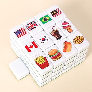 GRACIAS 2 Players Mahjong Block Set, Mahjong Tile Game with 50 Premium Green Tiles(30mm) Animal and Food Pattern, Portable Mahjongg Set with A Carry Bag