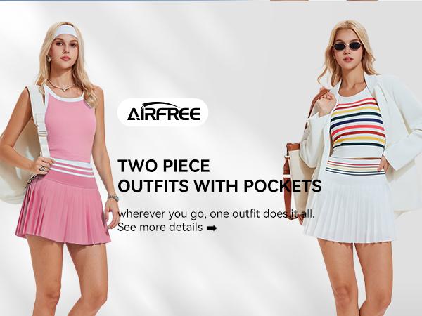 Airfree Two Piece Tennis Skirt Set Golf Outfits for Women High Waisted Tennis Short Dress with Pockets Athletic 2 Piece Sets,sohochic, TikTokShopBackToSchool