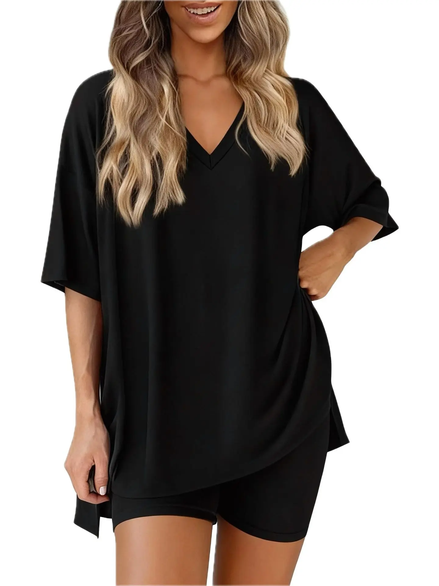 Women's Oversized V Neck 2 Piece Outfit, Summer Short Sleeve Tee and Biker Shorts Lounge Set, Casual Everyday Matching Tracksuit