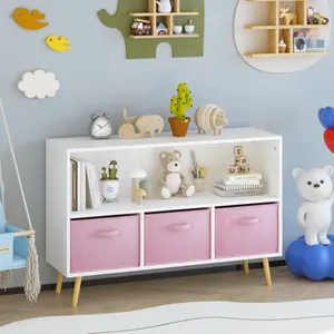 Kids bookcase with Collapsible Fabric Drawers, Children's Book Display, Toy Storage Cabinet Organizer, White/Pink ,Baby Toddler Bookshelf for Kids, Kids Bookcase, Toy Storage Organizer, for Playroom, Bedroom, Nursery