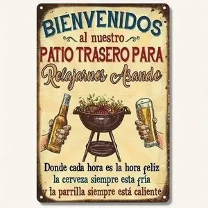 1PC Bienvenidos Patio Tin Sign, Vintage Outdoor Sign, Welcome To Our Backyard BBQ, Perfect For Patio Decor, Retro Garden Sign, High-Quality Metal Sign, Ideal For Outdoor, Kitchen, Cafe, Bar, Perfect For BBQ Enthusiasts, 8x12 Inches / 20x30 Cm
