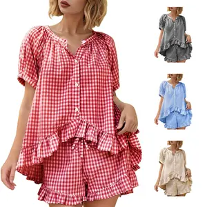 Yimoon Womens Gingham Pajamas Set Plaid Cotton Pj Set Puff Sleeve Ruffle Babydoll Shirt Shorts Summer 2 Piece Outfits