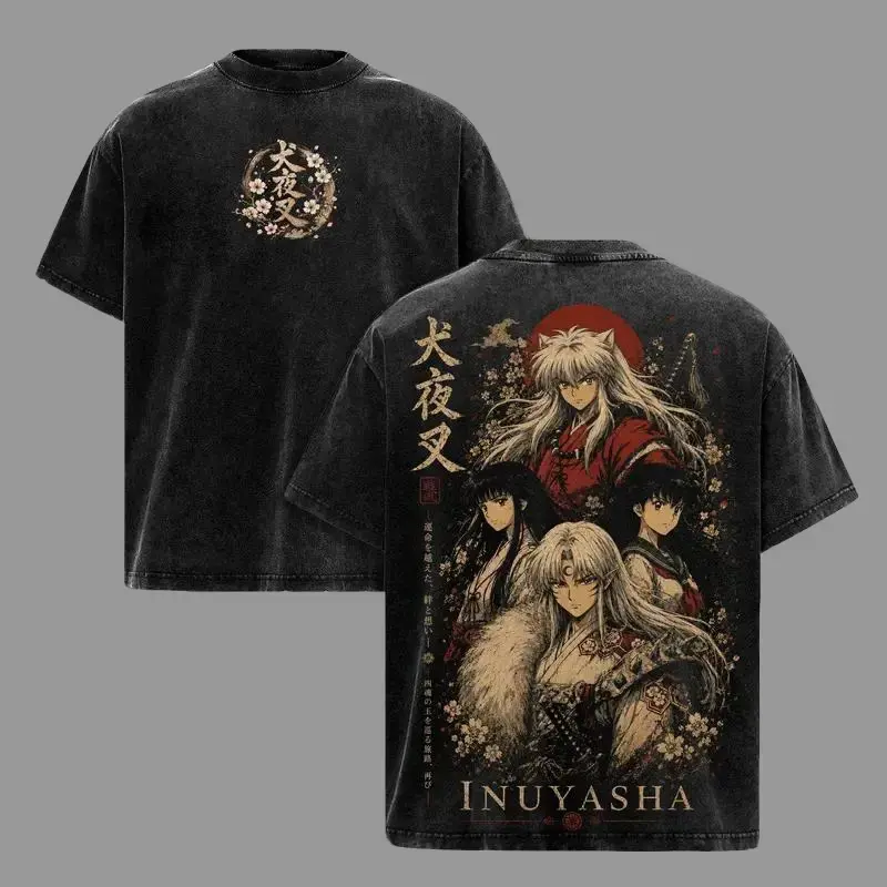 Men's Inuyasha Graphic T-Shirt, Oversized Short-Sleeve Round Neck Vintage Anime Streetwear Top in Pre-Washed Heavy Cotton, Shortsleeve, Menswear, Graphic Print, Premium Cotton, Relaxed