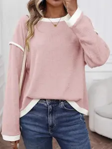 1Pcs Women's Round Neck Sweater Knitwear, Polyester Fabric, Long Sleeve Patchwork Loose Fit Top, Fall Winter New Arrival, Casual Fashion Pullover Womenswear