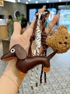Sausage Dog Mini Bear Pendant Bag Keychain - Fun Sausage Dog Pu Leather Keyring With Braided Rope Bear Pendant, Suitable For Bag And Pet Enthusiasts As Decorative Accessories, Bag Pendant Accessories, Keychain Attachment, Keychain For Bags
