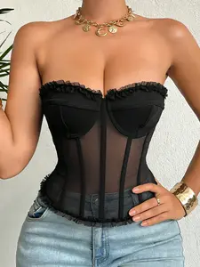 Women's Vintage Sexy Layered Mesh Fishbone Corset Tank Top, Lace Detail Front and Back Tie Design, Perfect for Beach Nightclub Bar Party