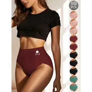 QUASTI Women's 10-Pack High-Waisted Cheeky Panties, Polyester Soft Elastic Essential Seamless Fabric, Breathable No-Show, Solid Color Minimalist Elegant, for Everyday Use, S-XXL Womenswear