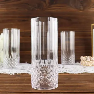 6-Pack Transparent Plastic Highball Drink Glasses 14oz, Crystal Cut Style Clear - Shatterproof Tall Cocktail Tumblers