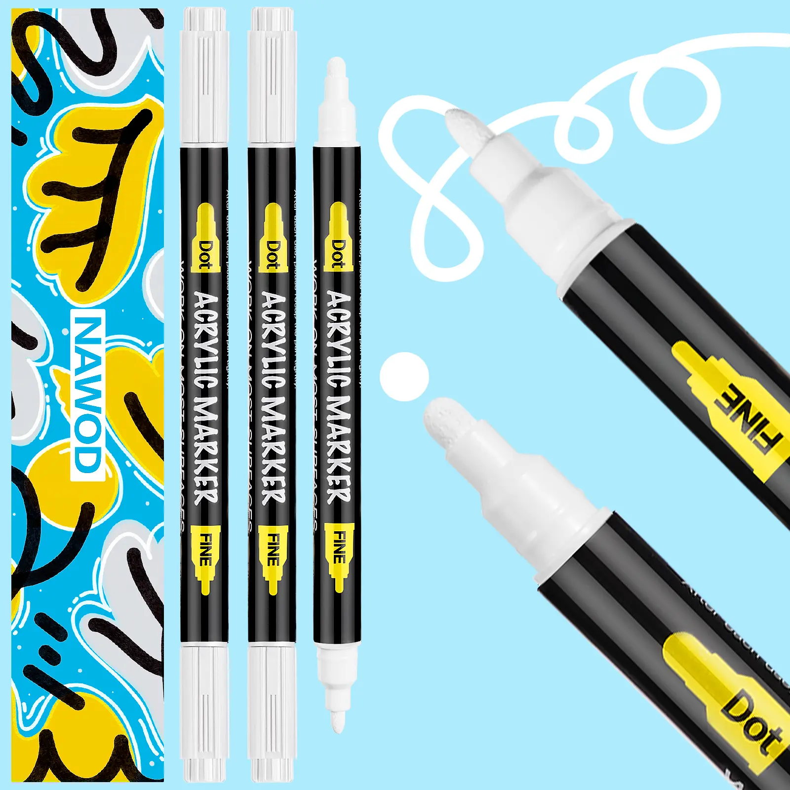 NAWOD 3 White Acrylic Paint Pens, Acrylic Paint Markers Dual Tip (Fine 1mm + Dot 5mm), Acrylic Permanent Markers for Rock, Fabric, Canvas, Ceramic, Glass, Wood, Paper, Labeling, Drawing, DIY Crafts, Tires, Leather, Metal, Plastic, Dark Surface, Art