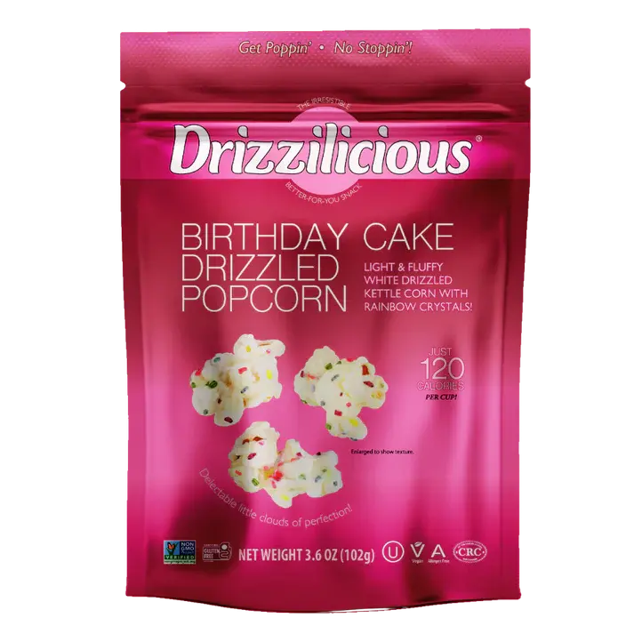 Drizzilicious Popcorn Birthday Cake Flavor 3.6oz 5 Pack - Handmade, Non-GMO, Gluten-Free, Crunchy Snack for All Ages