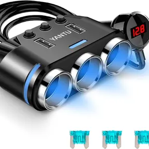 150w 3-Socket Cigarette Lighter Adapter with Blue Lights, Dual USB Ports, 3.3ft Cable, 12V Car Charger for Phone GPS Dash Cam
