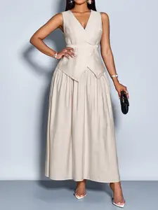 Women's Two-Piece Spring Set: Solid-Color Linen Sleeveless Wrap-Style Belted Vest & Elegant Loose-Fit Skirt — Commuter Vest Suit, Minimalist Style, Office Wear, "Old Money" Aesthetic, Simple Two-Piece Outfit, Lightweight Linen Sets