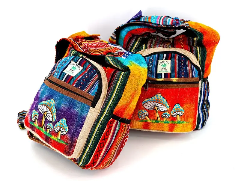 Mushroom Embroidered Hemp Crossbody Bag Tie Dye Hippie Boho Bag
