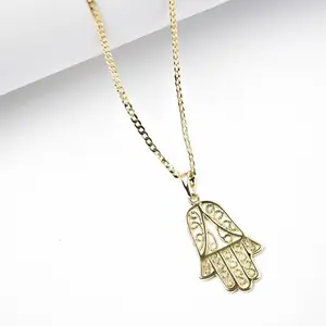 14K Gold Plated Hamsa Hand Necklace 2mm Chain 16 18 22 Elegant Protection Symbol with Textured Design Ideal for Everyday Wear