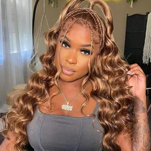 Arabella 2P4/27 4# Brown Mixed 27# Honey Blonde with 2# Dark Brown Roots 13x6 Glueless Lace Front Drawstring Wig Loose Body Wave Wig 100% Human Hair