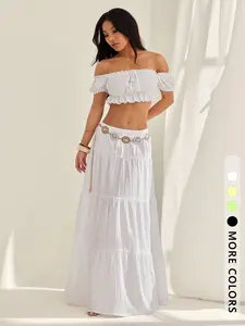 Women's High Waist Drawstring Ruffle Hem Long Dress, Elegant Plain Skirt, Versatile Beachwear, Party Wear, Summer Vacation