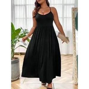 Plus-size solid-color cami dress — an elegant, fashionable, casual sleeveless long dress for daily outdoor wear; plus-size women’s summer clothing