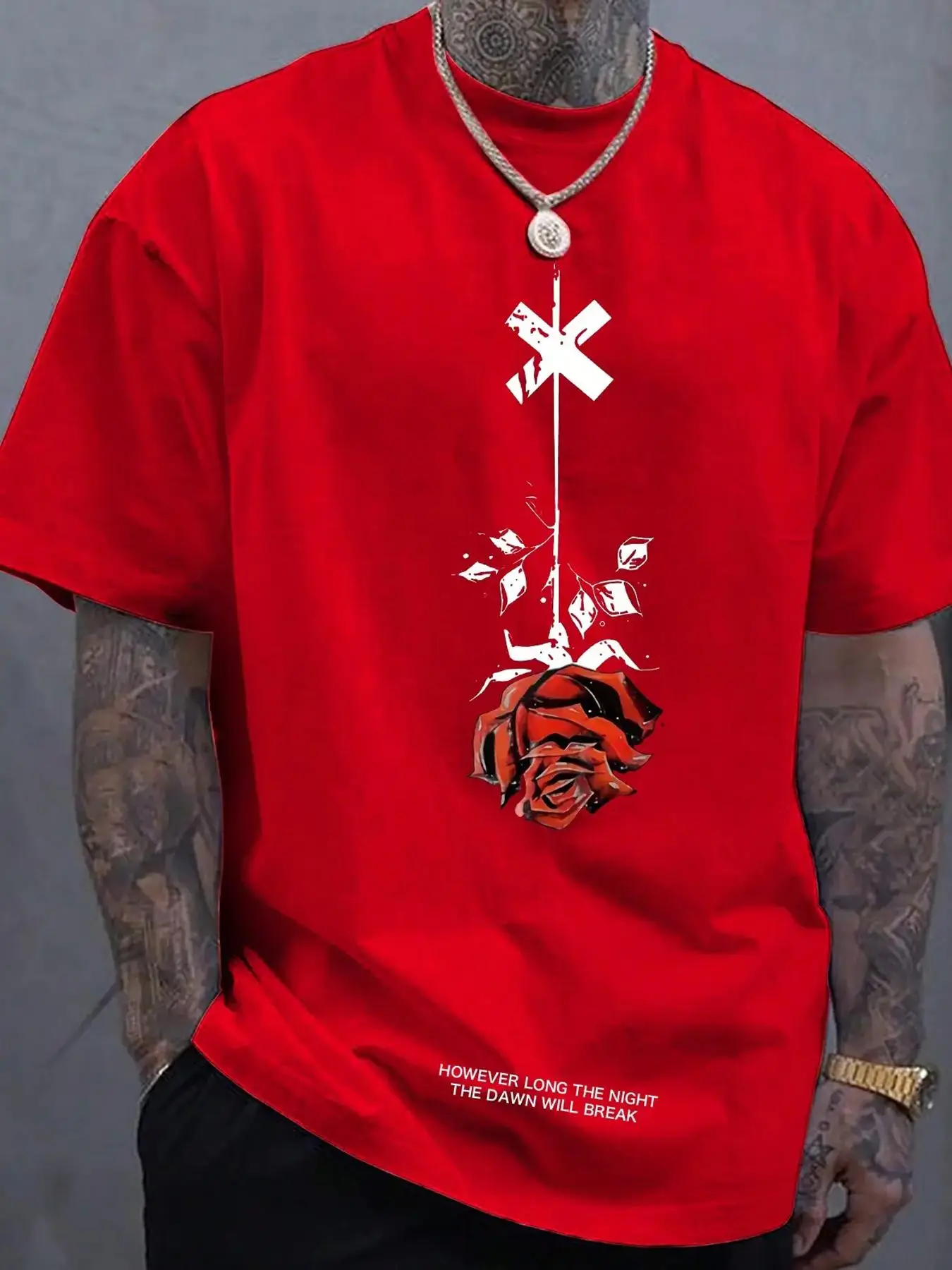 Men's Regular Fit Rose Print Drop Shoulder Tee, Casual Comfy Half Sleeve Round Neck T-Shirt for Summer, Fashion Men's Top for Daily Wear