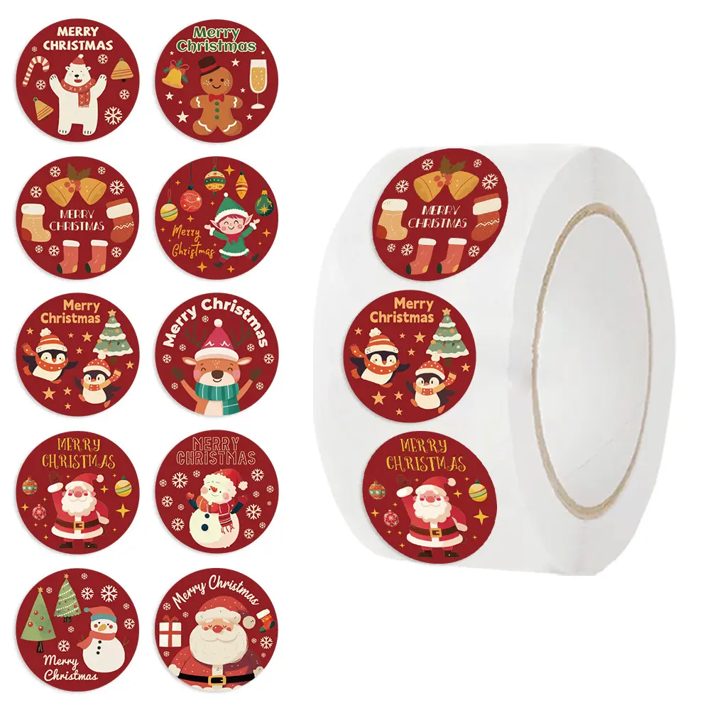 500PCS Large Round Red Self-Adhesive Christmas Stickers Roll - Waterproof Office Stationery Sealing Labels, Adhesive Labels & Stickers for Holiday Presents, Christmas-Themed Festive Occasions Use