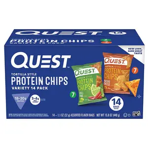 Quest Tortilla-Style Protein Chips Variety Pack, 18-20g Protein, Crunchy Crispy, Chili Lime and Nacho Cheese Flavors, Protein Snacks protein  chip