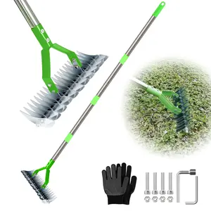 Thatch Rake, 65in Handle, 14in Head, Adjustable Angles, Cushioned Grip, Dual-Sided Tines, Efficient Steel Dethatcher for Lawn Grass Dead Grass Cleaning, Heavy Duty Garden Car Body Repair Tool