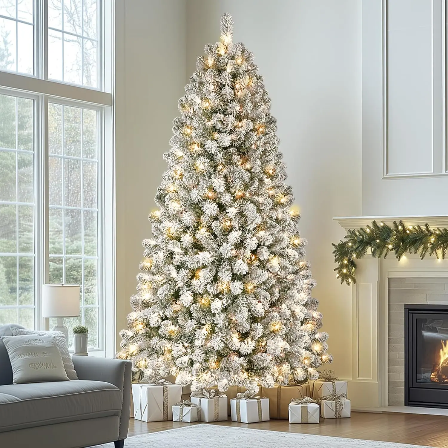 4/5/6/7.5/8/9FT Pre-Lit Snow Flocked Christmas Tree with Warm White Lights & Foldable Stand – Perfect for Holiday, Home & Party Decoration