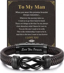 Men's Bracelets Gifts for Men - Brown Braided Leather Infinity Knot Bracelets Engraved Love Massage for Son Man Husband Boyfriend, Personalized Mens Bracelets   for Birthday Christmas