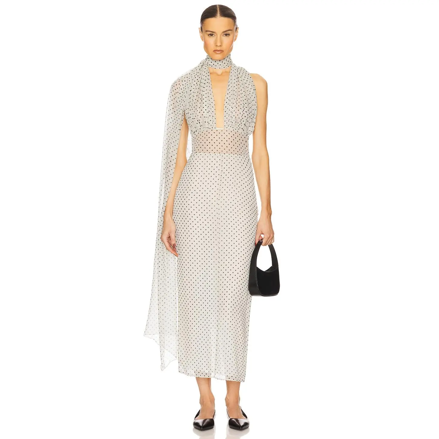 Helsa The Scarf Dress in Printed Silk Chiffon in Ivory & Black Dot