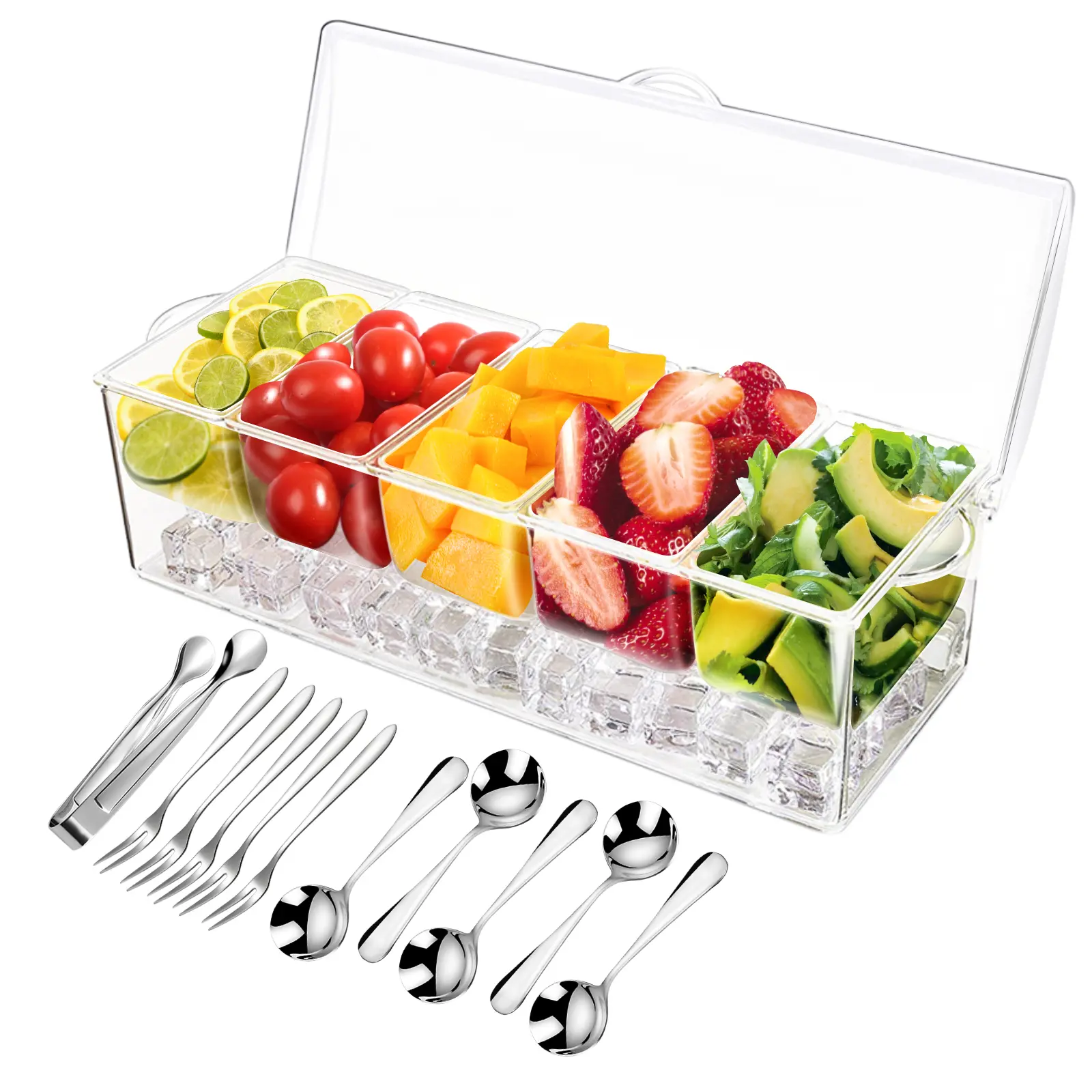 7CODE Condiment Tray with Stainless Steel 5 Spoons, 5 Forks and 1 Clip, Chilled Condiment Server, Condiment Server, Bar Garnish Holder on ice, Bar Accessories Fruit and Salad with Removable Trays with lid