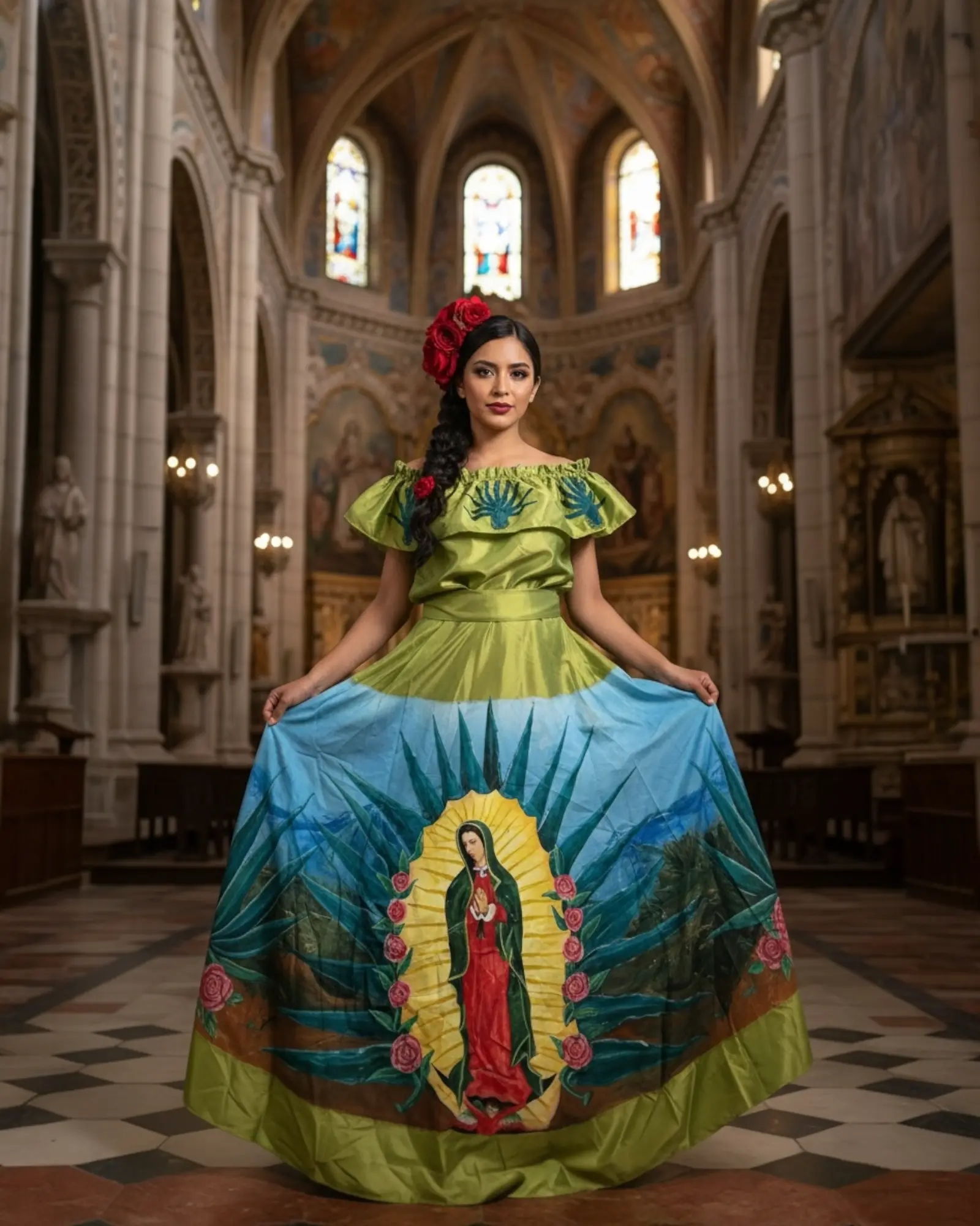 Hand-Painted Virgen de Guadalupe Gala Gown Dress