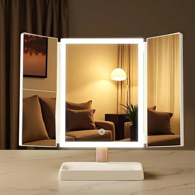 Vanity Mirror with Lights, Makeup Mirror with Magnification, Type-C Charging, 3-Color Stepless Dimming LED, Height Adjustable & Swivel, for Home, Travel, Gift