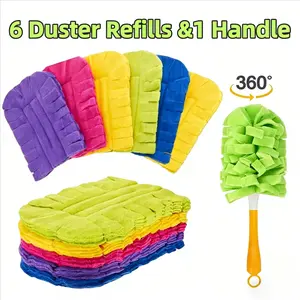 Reusable Duster Refills For Swiffer (6 Pack + 1 Handle) Washable Fleece Duster Heads 360° Electrostatic Microfiber Multi-Surface Hand Duster Kit for Pet Hair Blinds Fans Furniture Car Ceiling Fan Home Office Machine Washable Eco-Friendly Replacement Pads