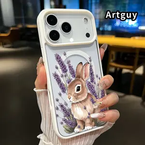 Magnetic Phone case for iPhone 17 16  Pro Max Plus 15 14 13 12 11 Air E Lavender - Bunny Delight Pattern Non-Yellowing Shockproof Soft Silicone Transparent Acrylic Cover Supports Wireless Charging