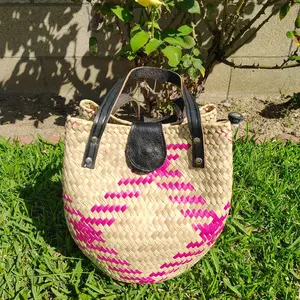 Handcrafted 10x13 Inch Palm Woven Bag with Natural Leather Handles Mexican Artisanal Design