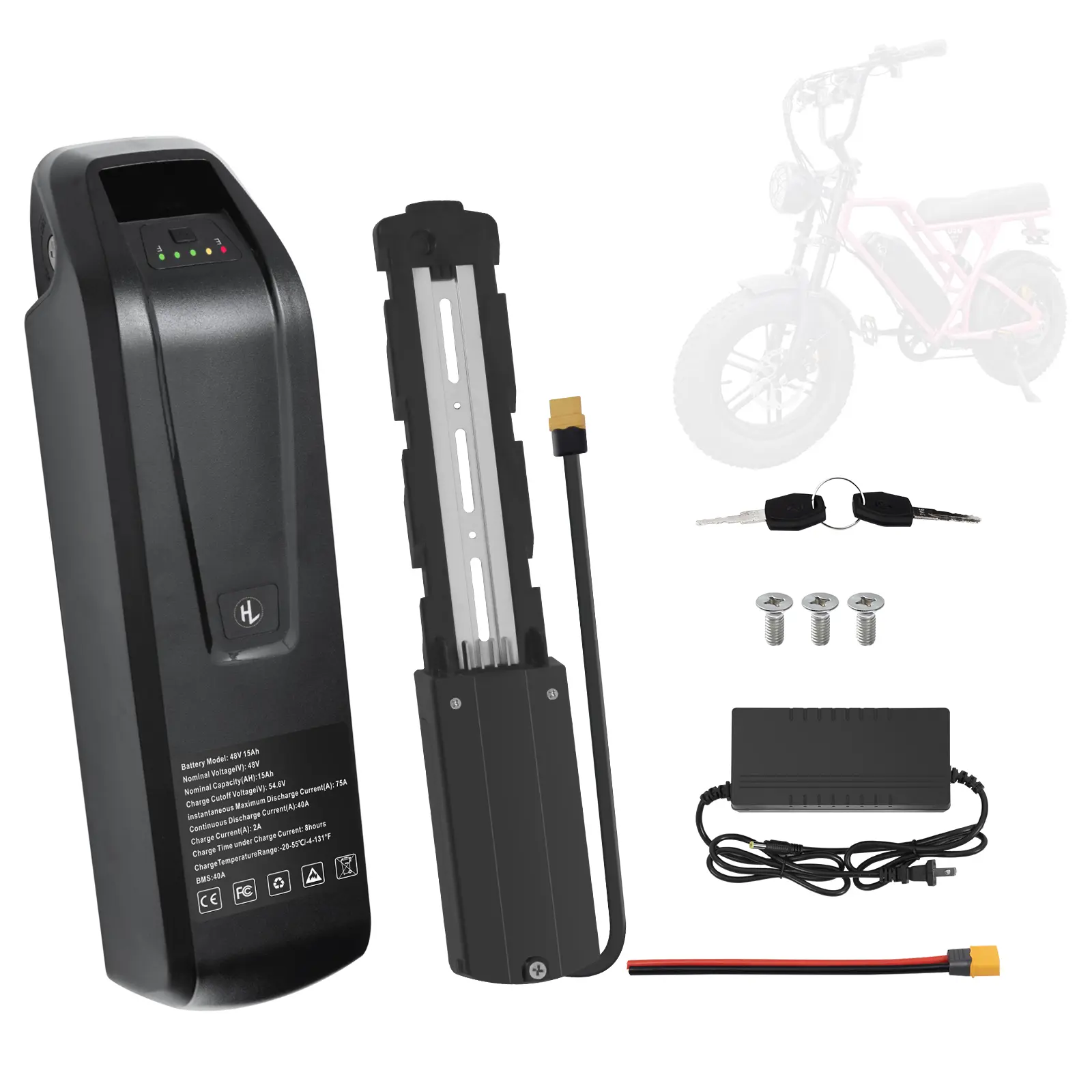 48V 15.6Ah Ebike Battery Pack with 40A BMS, 4 Pin Baseplate, Power Switch and Safety Lock for 0-1500w Ebike Motor