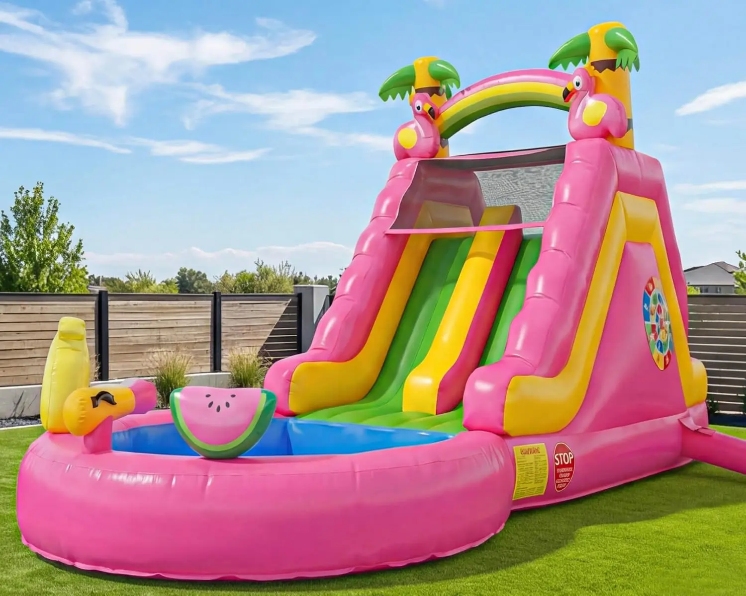 23FT(L) Commercial Inflatable Water Slide for Adults & Teens, Giant Flamingo Blow Up Water Park with 15oz Heavy Duty PVC, 600LB Capacity, Dual Racing Lanes & Splash Pool, Includes 1100W Blower