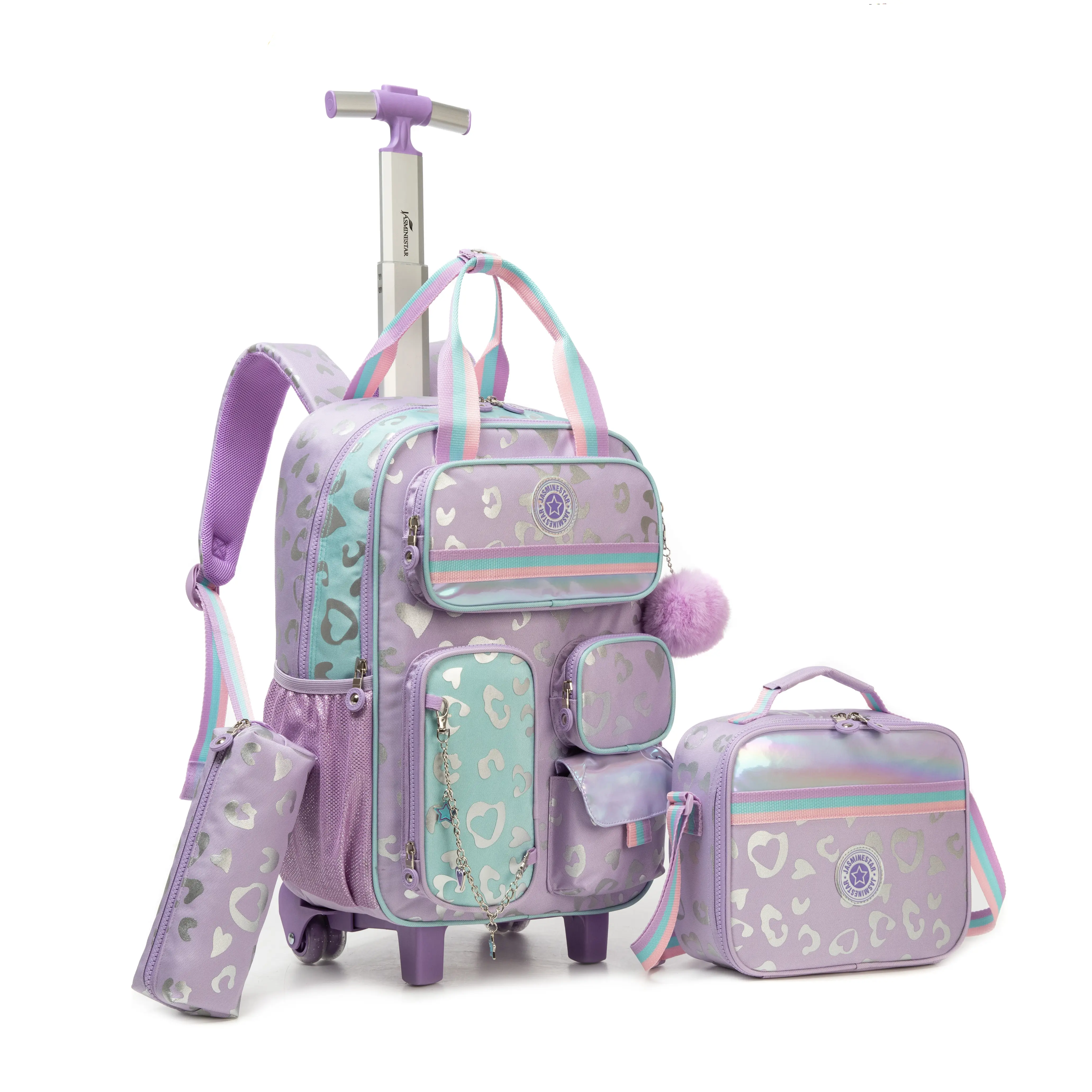 Girls' 3-Piece Lavender Purple Rolling Backpack Set for School - Cute Metallic Leopard Heart Wheeled Trolley Bookbag with Multi-Pocket Utility Pouches, Purple Pom Pom, Insulated Lunch Bag & Pencil Case (Pastel Design for Middle School), Backpacks For Scho