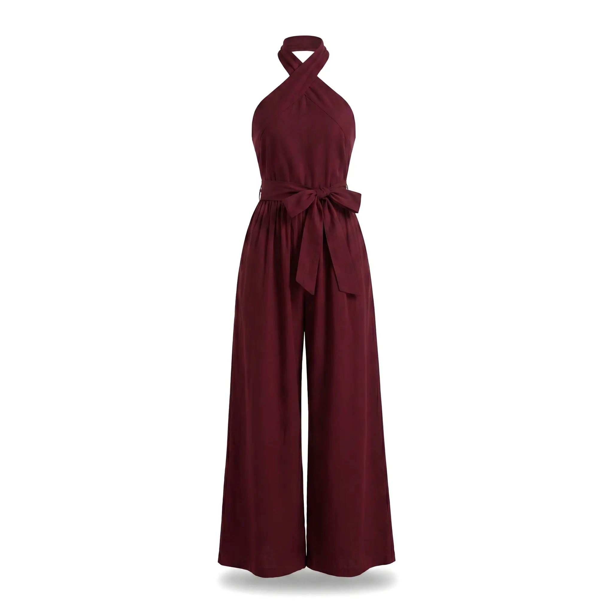 Women's Summer Basic Haltered Neck Sleeveless Cross-Strap Overalls - Pure Color Pocket Wide-Leg Long Jumpsuit, Fashionable Lady's Clothing