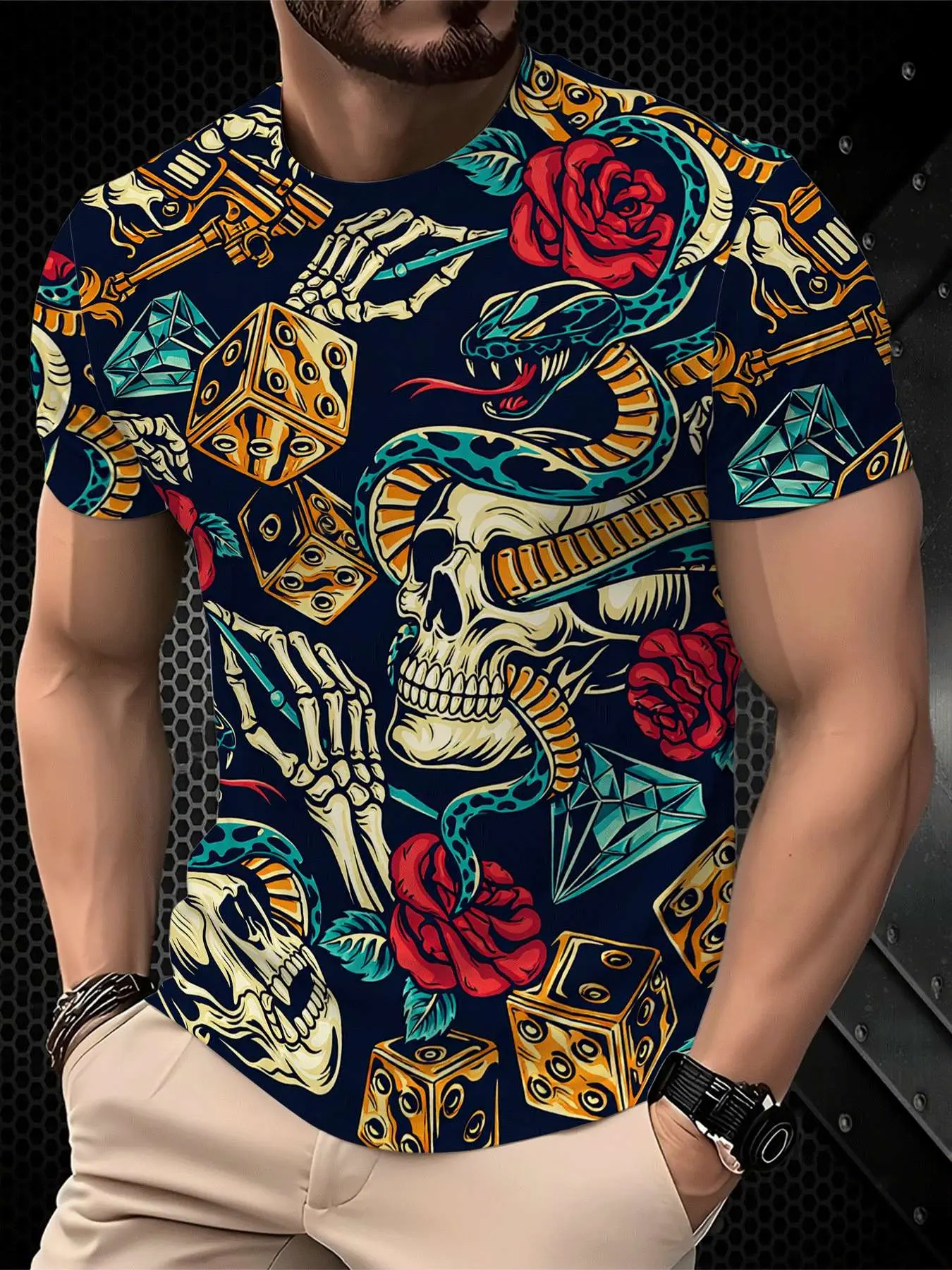 Men's Printed T-Shirt - Black/Gradient Multi-color Trendy Streetwear Top, Round-neck Short-Sleeved T-shirt, suitable for daily wear, casual gatherings, fashionable gradient style, machine washable
