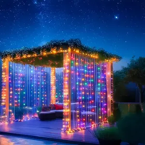Solar-Powered LED Curtain Lights, Led Outdoor Waterproof, Outdoor String Lights in White, Warm White & Multicolor 300LEDs, Led Lighted – Perfect for Garden, Patio, Wedding, Christmas & Halloween Decor, Outdoor Solar Lighting Strip