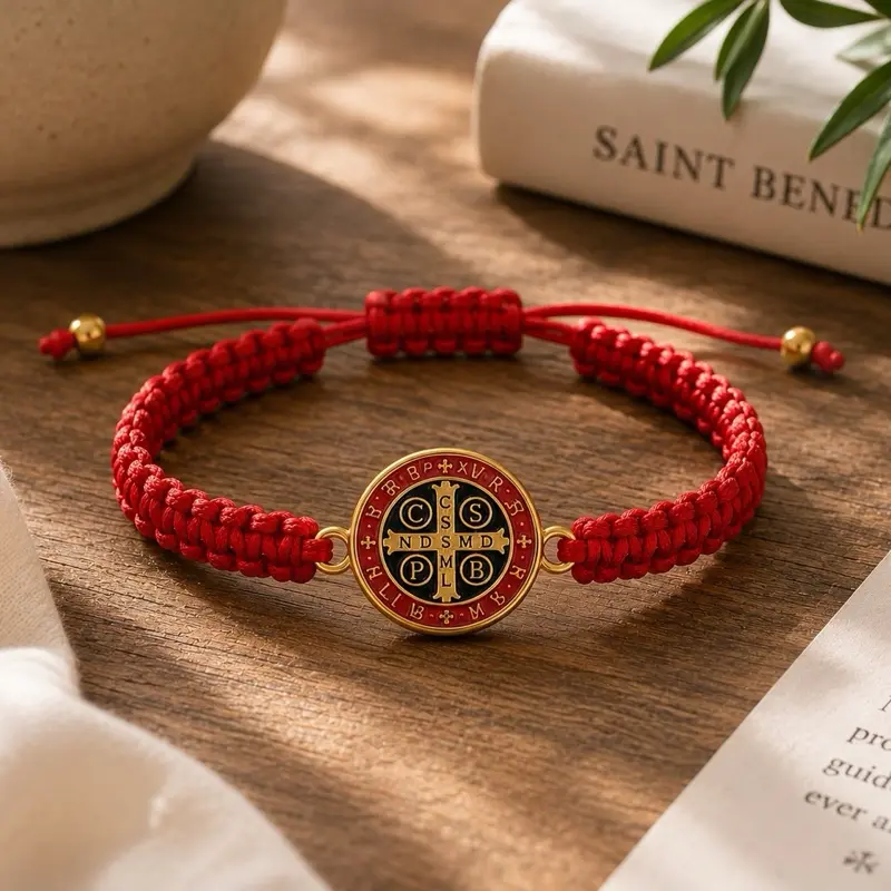 San Benito Enameled Red Cord Bracelets - Catholic Religious Fashionable Bracelet, Boho Style Bangles, Elegant Bangle Bracelet, Unisex Jewelry Accessory