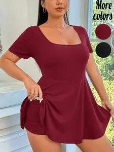 【Plus-Size】1 Piece Square Neck Short Sleeve Skort Dress, Casual Active Style, Hidden Pocket Detail, For Curvy Women, Perfect for Daily Errands & Casual Outings, TikTok Viral Fashion