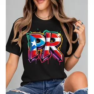 100% cotton Unisex PR Graffiti Puerto Rico Flag Spray Paint Street Art Fun Cool T-Shirt Casual Graphic