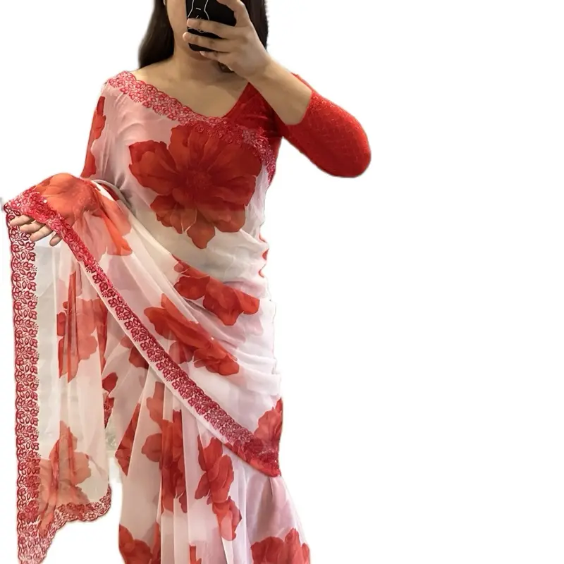 Women's Traditional Floral Print Lightweight Embroidered Fabric Saree with Fall, Picco Finishing - Women's Clothes for Elegant Attire, Embroidery