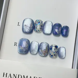 Silver Color Press-On Nail Sets, Glitter Tip Design, Long Coffin Shape, Reusable Manicure Kit for Women, Pack of 10 Pieces