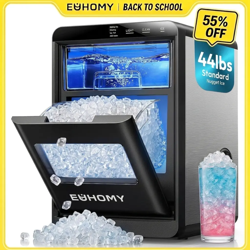 【Back To School】EUHOMY Nugget Ice Maker Countertop, 35Lbs/24H&44Lbs/24H Pebble Ice Maker Machine, Self-Cleaning Pellet Ice Machine with Ice Scoop&basket, Sonic Countertop Ice Machine for Home/Kitchen/Office(Black)