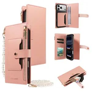 iPhone 16 Pro Max Case with Card Slot Flip Cover Samsung S24 Ultra Leather Stand Phone Case Shockproof Full Body Protection for Apple 17 Pro Max Custom Monogram Pink Striped Phone Case phone privacy shield anti-scratch magnetic glass cover cute