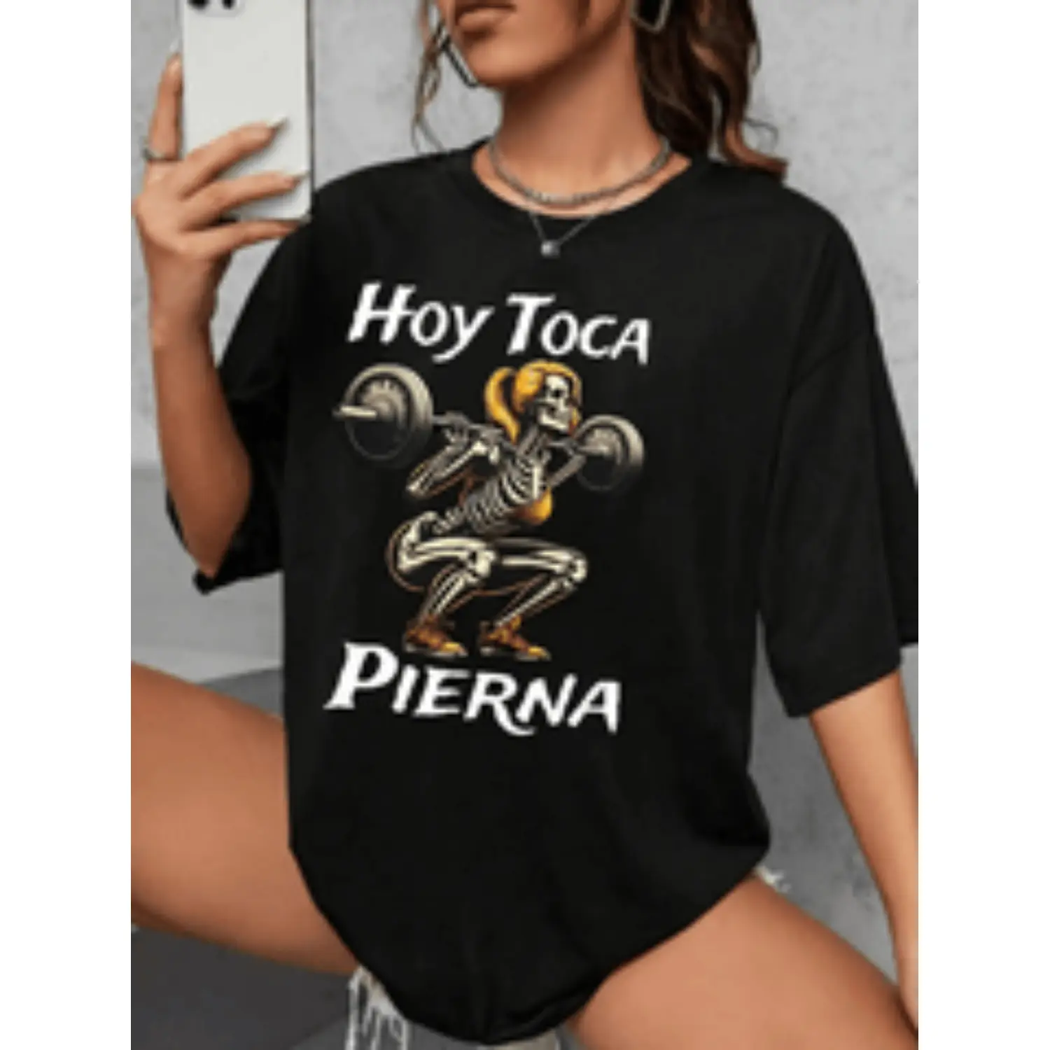 Women's Black Skeleton Weightlifting Graphic T-Shirt - Comfy Everyday Fabric, Loose Fit, Round Neck, Short Sleeve, Breathable, Gym Humor Top, Casual Summer Piece for Gym Attire, Soft, Style