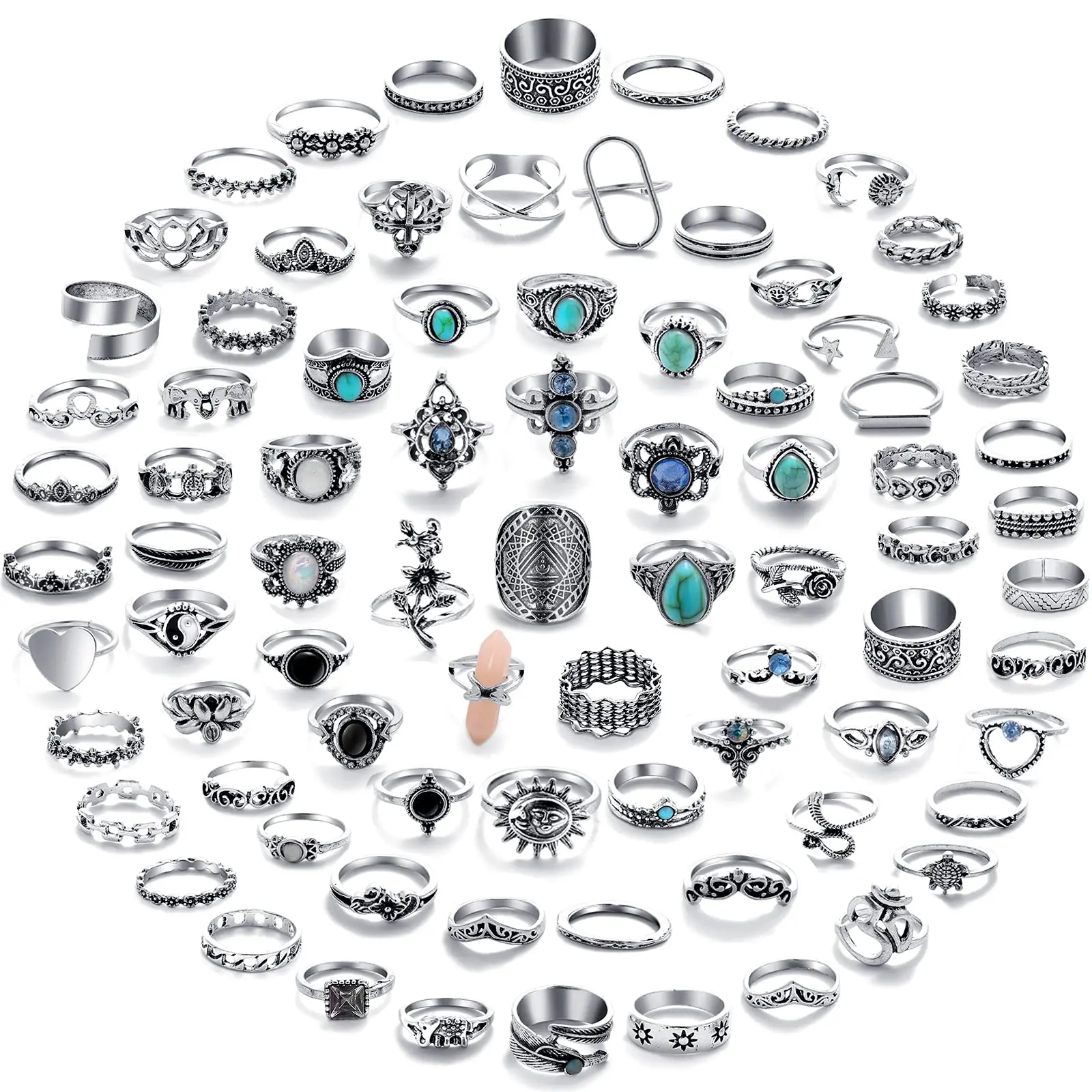 Vintage Retro Silver Stackable Rings Set 82 Pack, Bohemian Stone Crystal Knuckle Midi Joint Finger Rings, Gothic Hippie Aesthetic Assorted Finger Jewelry Bulk Gifts for Women